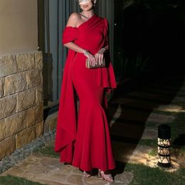 Elegante vestido largo de crepé con un hombro para mujer, vestido de noche plisado de sirena roja hasta el tobillo, vestido de fiesta para invitados