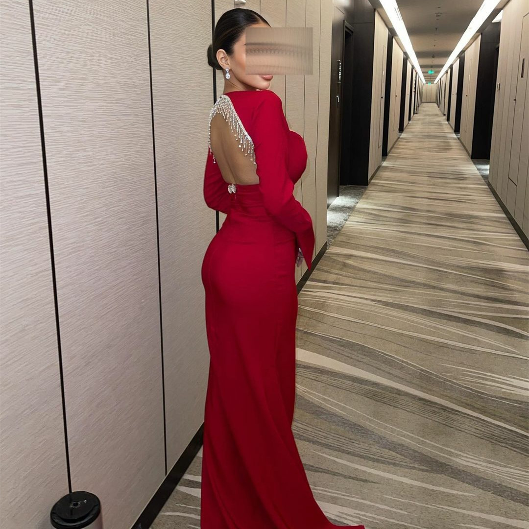 Elegant Long Crepe Red Beaded Evening Dresses With Sleeves Mermaid Jewel Neck Watteau Train Zipper Back Prom Dresses Party Dresses for Women