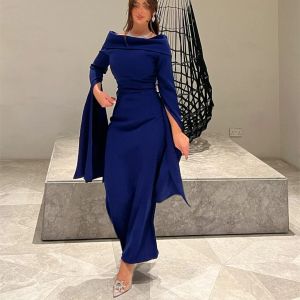 Elegante Long Crepe Crepe Royal Blue Vestidos de noche Mangas Vasos Musulmán Bateau Neck Longitud Tobillo de la cremallera Vestidos de fiesta Vestidos de fiesta para mujeres