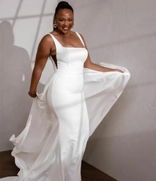 Elegante lange crêpe vierkante nek plus size trouwjurken zeemeermin ivoorvestido de novia sweep trein ritssluiting terug bruidsjurken voor vrouwen