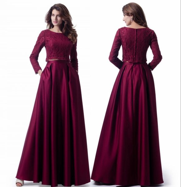 Vestidos modestos elegantes largos de dos piezas de color rojo oscuro con mangas largas, falda de satén con top de encaje y bolsillos, vestidos de fiesta de boda