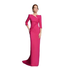 Élégant long Fuchsia crêpe mère de la mariée / robes de marié en dentelle de sirène 3/4 manches balayage des robes de la marraine