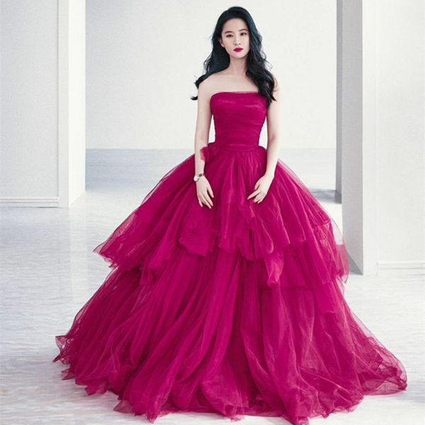 Robe longue de célébrité en Organza Fuchsia, élégante, ligne a, sans bretelles, plis à plusieurs niveaux, traîne de balayage, robes de bal à lacets dans le dos pour femmes