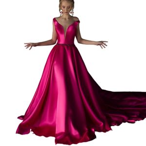 Elegante Long Fuchsia V-hals prom-jurken met zakken A-lijn Satin Sweep Train Zipper Back Prom-jurken voor vrouwen