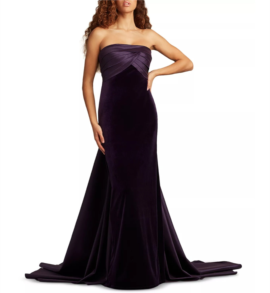 Elegant Long Grape Velvet Prom Dresses Mermaid Satin Strapless Sweep Train Party Dress Maxi Formal Evening Dresses for Women