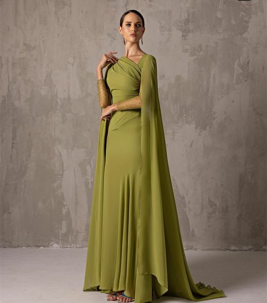 Vestidos de noche elegantes, largos, verdes, con cuello asimétrico y mangas, sirena, crepé, largo hasta el suelo, con cremallera en la espalda, vestidos de fiesta para mujer