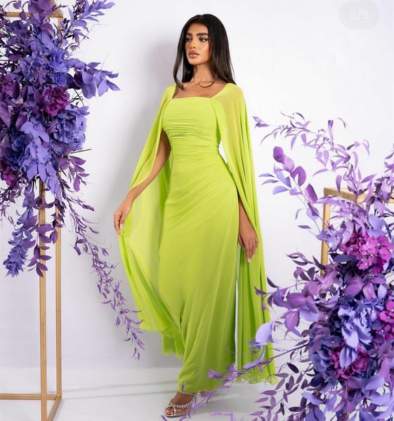 Elegantes vestidos de noche largos de gasa musulmana verde con capa Una línea de vestido de fiesta con cuello cuadrado plisado Vestidos de fiesta hasta el tobillo para mujeres