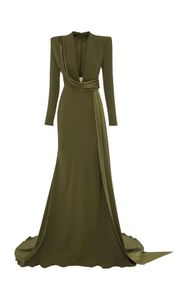 Elegante lange groene v-hals crêpe avondjurken met mouwen zeemeermin vegen trein rits achterste vestidos de noche prom jurken voor vrouwen