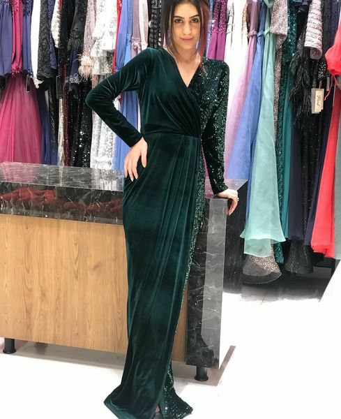 Elegante longo verde decote em v veludo lantejoulas vestidos de baile com fenda zíper volta plissado robe de soiree até o chão vestido de festa formal