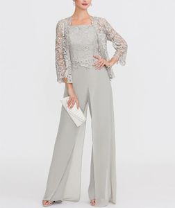 Elegante lange kanten jumpsuit Jurken voor de moeder van de bruid A-lijn Chiffon Zilver Vierkante hals Bruidegom Moederjurken met jasje La madre del vestido de novia voor dames