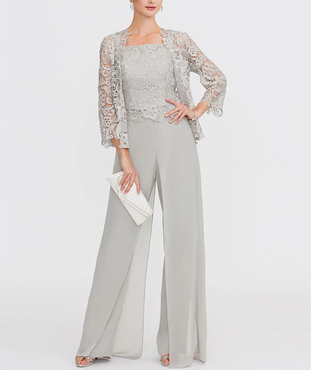 Elegant lång spets jumpsuit mamma till bruden klänningar a-line chiffong silver fyrkantig nack brudgum mamma klänningar med jacka la madre del vestido de novia för kvinnor