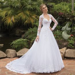 Élégants robes de mariée en dentelle longue en dentelle avec manches A-Line Ivory Tulle Sweep Couvre Robes de mariée chic pour femmes