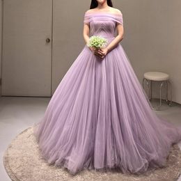 Elegante lange lavendel Tulle Bateau nek prom-jurken A-lijn mouwloze geplooide sweep trein veter back prom jurken voor vrouwen