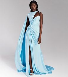 Robes de soirée Elegant Long Long Blue Crepe avec Slit Sirmaid One Sweeter Train Train Zipper Robes de bal plissées pour les femmes