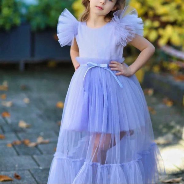 Robes longues à fleurs en Tulle pour filles, élégantes, lilas, col rond, sans manches, avec ceinture, ligne A, longueur cheville, robes de bal