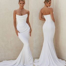 Elegante lange zeemeermin crêpe strapless trouwjurken rekbare mouwloze open rug ivoorvestidos de novia abendkleid bruidsjurk voor vrouwen