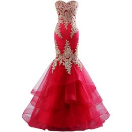 Elegantes largos vestidos de novia Tulle Tulle Vestido sin tirantes Vestido de Novia trompeta con volantes Vestidos nupciales con apliques para mujeres