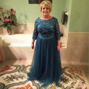 Elegante lange moeder van de bruid jurken plus size kanten appliques illusie lange mouw een lijn bruiloft gastenfeestjurken formele prom -jurk