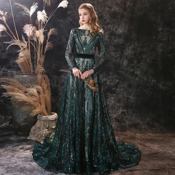 Robe de soirée longue et élégante, col bijou, manches longues, boutonnée au dos, style sirène, traîne de balayage, robe de bal, occasion formelle