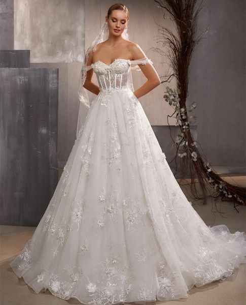 Robes de mariée élégantes longues épaules dénudées en dentelle a-ligne Tulle ivoire balayage train robe de mariée Corset dos robe de mariée robes de femmes