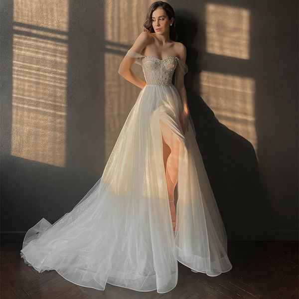 Elegantes vestidos de novia de organza largas y largas con la hendidura de marfil de marfil de marfil de marfilas con vestidos de novia vestido de novia women vestidos