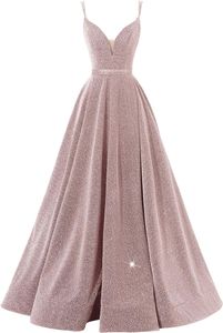 Elegante Long Pink Glitter V-Neck avondjurken met zakken/spleet A-lijn spaghetti riemen vloerlengte ritssluiting terug prom jurken voor vrouwen