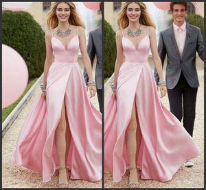 Elegante lange roze prom jurken 2019 vrouwen sexy hoge spleet satijn v-hals avondjurk backless formele jurken avondjurken gewaad de soiree