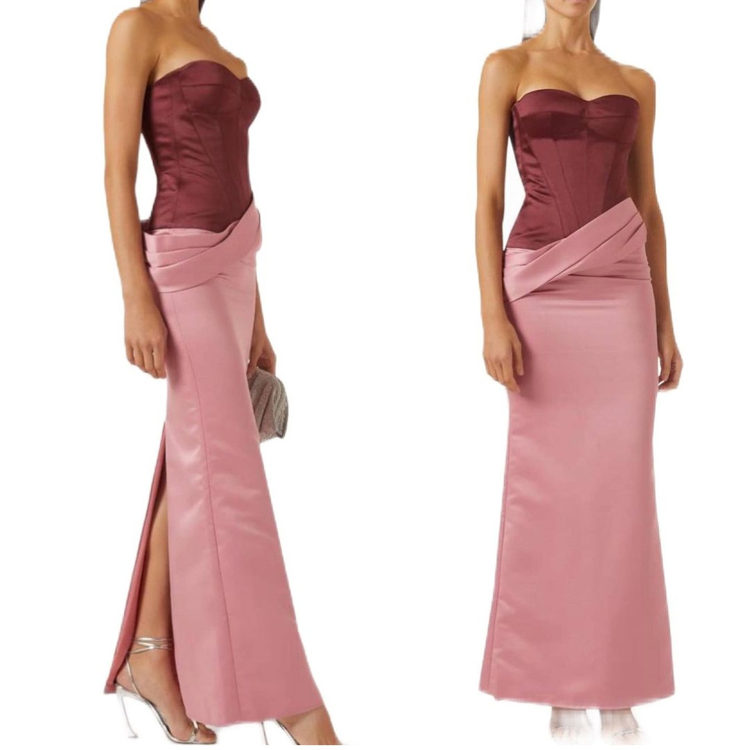 Elegant Long Pink Satin Evening Dresses With Split Sheath Pleated Sweetheart Ankle Length Zipper Back Prom Dresses Party Dresses for Women
