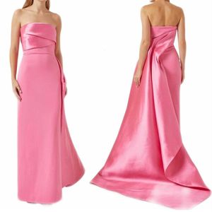 Elegante lange roze satijnen strapless avondjurken met treinmantel mouwloze geplooide enkellengte prom jurk jurken voor vrouwen