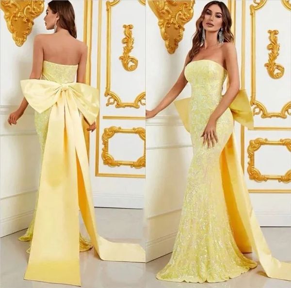 Vestidos de Noche largos elegantes de talla grande, vestidos de fiesta de cola de barrido de encaje de sirena sin tirantes de satén sin mangas con lazo para mujer