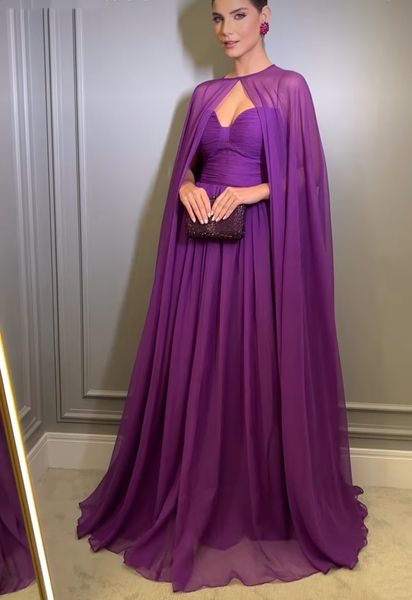 Élégant longue robe de soirée violette en mousseline de soie de sol en mousseline de soie de bal de bal de bal de bal formel galadress vestidos femmes robes avec cape
