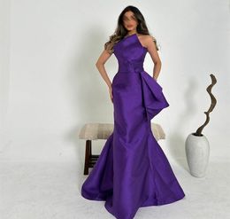 Élégants robes de soirée festonnées longues pourpre avec volants sirène satin violet sport ferrofondu