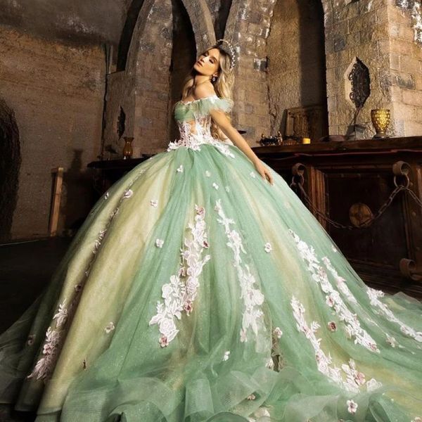 Robes de Quinceanera longues élégantes, épaules dénudées, en Tulle avec des appliques de fleurs, robe de bal en dentelle pour robes de soirée