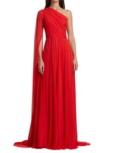 Elegante lange rode chiffon avondjurken met cape a-line one shouler kleine trein ritssluiting back plees prom jurken robe de soiree mouwloze formele feestjurk voor vrouwen