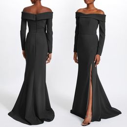 Elegantes vestidos de noche negros y negros negros con hendidura con áspero crépo con cremallera longitud del piso de la cremallera para mujeres para mujeres