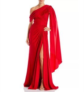 Elegante Long Red One Shoulder Evening Jurken met spleet/cape zeemeermin Crepe geplooide prom jurk moslim sweep trein feestjurken voor vrouwen