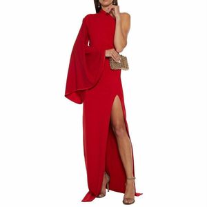 Elegante lange rode prom -jurken met één schouder met spleethuls moslim Dubai crêpe vloer lengte ritssluiting back prom jurken voor vrouwen