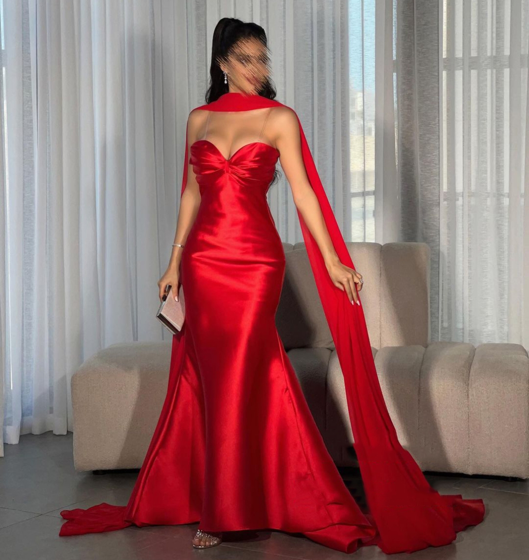 Elegant Long Red Tatlım Saten Giz Elbiseler Eşarplı Denizkızı Kolsuz Süpürmez Süpürmez Tren Balo Elbise Elbiseler Kadınlar İçin Parti Elbiseleri