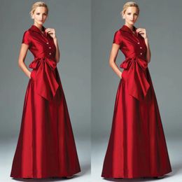 Robes mère de la mariée longues et élégantes en taffetas rouge avec nœud, robes de marraine trapèze à col en V, robe de soirée formelle, longueur au sol pour femmes