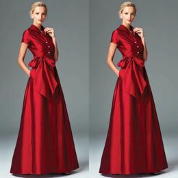 Elegantes vestidos largos de tafetán rojo para madre de la novia con lazo Una línea con cuello en V Vestidos de madrina Vestido de fiesta formal Hasta el suelo para mujer