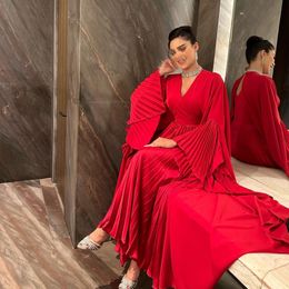 Elegante lange rode V-hals avondjurken met mouwen A-lijn Chiffon Midden-Oosten enkellengte ritssluiting Back prom-jurken voor vrouwen
