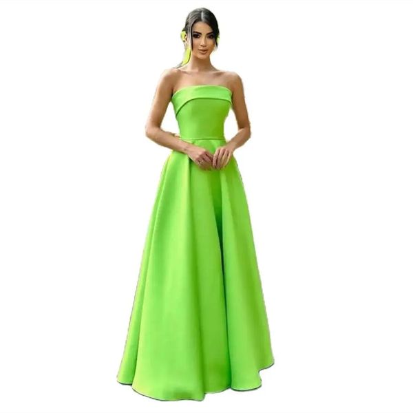 Elegantes vestidos de noche de color verde satén elegante con bolsillos con una cremallera sin tirantes de línea de línea de línea de la línea de la cremallera de la altura del piso Bita de fiesta de fiesta formal para mujeres