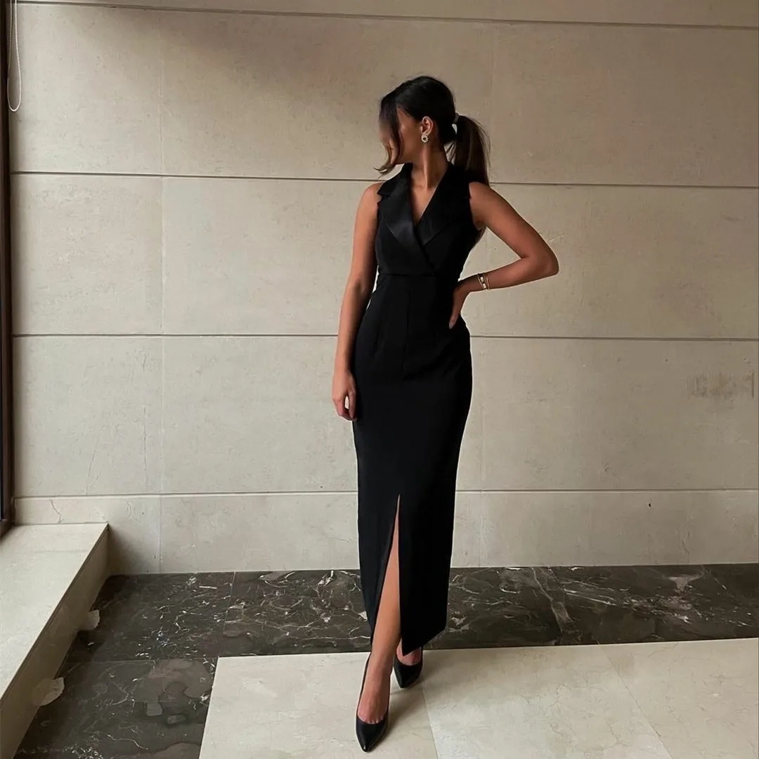 Elegant Long Satin V-Neck Evening Dresses With Slit Mermaid Black Zipper Ankle Length Party Dresses Prom Gowns for Women