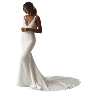 Sexy lange crêpe v-neck trouwjurken met overdekte Butons Mermaid Vestido de novia spaghetti strapless ivoor sweep trein bruidsjurken voor vrouwen