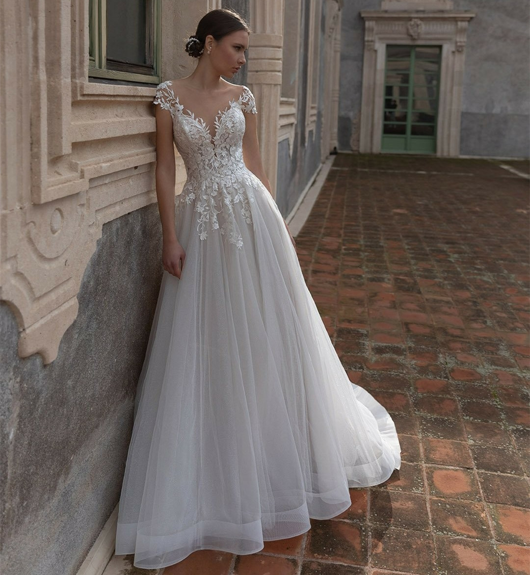 Elegant Long Sheat Neck Tulle Wedding Dresses Cap Sleeve A-Line Ivory Lace Sweep Train Garden Bridal Gown Zipper Back Vestido de novia Women Dresses