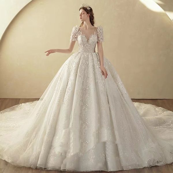 Elegante, largo y brillante, vestido de fiesta de encaje, vestidos de novia, cuentas con apliques, faja, tren de barrido de tul, vestidos de novia de boda, vestido de novia, tren de barrido ostentoso, segundo vestido de recepción 2023