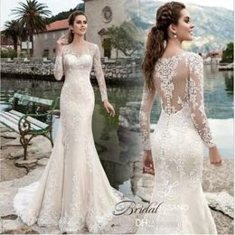 Elegante lange mouw 2019 Mermaid trouwjurken gewaad de mariage kanten Appliqued Bridal Jurken Sheer Crew Neck Vintage Country Wedding DR 237G