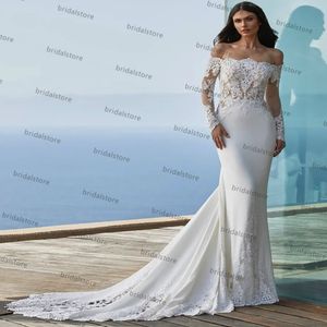 Robe de mariée de plage élégante à manches longues, épaules dénudées, sirène en Satin, style Boho, robes de mariée, 2021