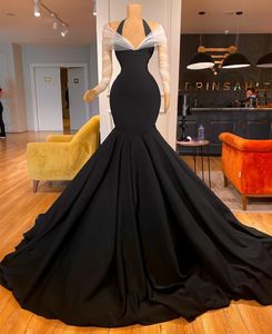 Élégant à manches longues noir crêpe robes de bal sirène tulle col en v fermeture éclair dos robe de soirée balayage train robes de soirée formelles pour les femmes