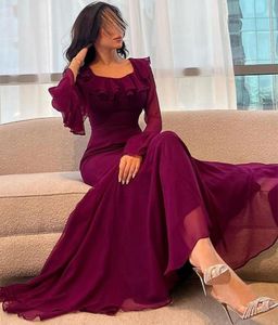 Elegante Chiffon prom -jurken met lange mouwen met ruches Mermaid Dubai vierkante kraag geplooide enkel lengte feestjurk maxi formele avondjurken voor vrouwen